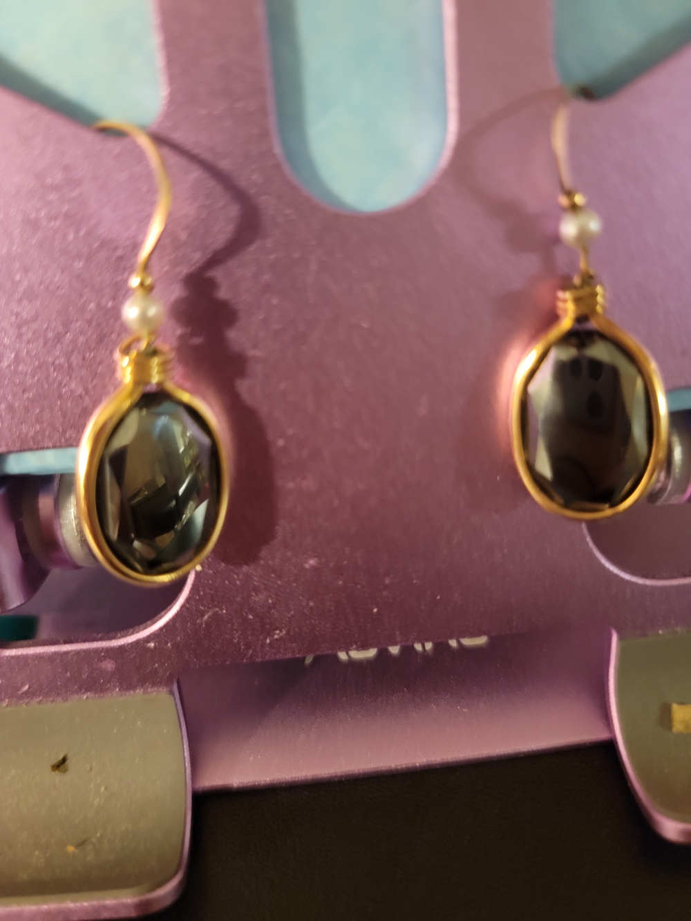 Gold-Tone Wire Wrapped Black Drop Earrings with Pearl Accent